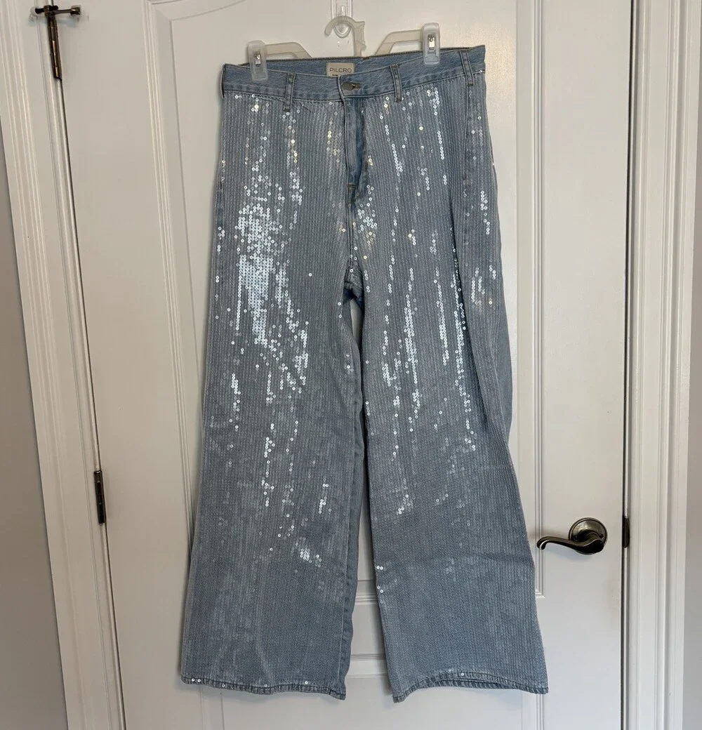 Pilcro Light Wash Sequin Wide-Leg High Rise Denim Jeans Blue Women's 5-Pocket - Picture 2 of 6